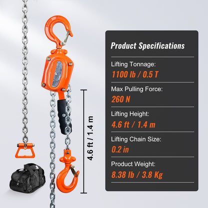 Kettingtakel – Handtakel – Levertakel – Hijstakel – Hijsblok – 1/2 Ton Capaciteit – G80 Gegalvaniseerd Staal – Dubbele Palrem – 360° Draaibare Haak