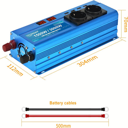 Zuivere Sinusomvormer 12V naar 230V – Power Inverter – Spanningsomvormer – Stroomomvormer – Camping Stroomvoorziening – 300W Continu, 600W Piekvermogen – 2 EU Stopcontacten & 4 USB Poorten – Actieve Koeling – Blauw