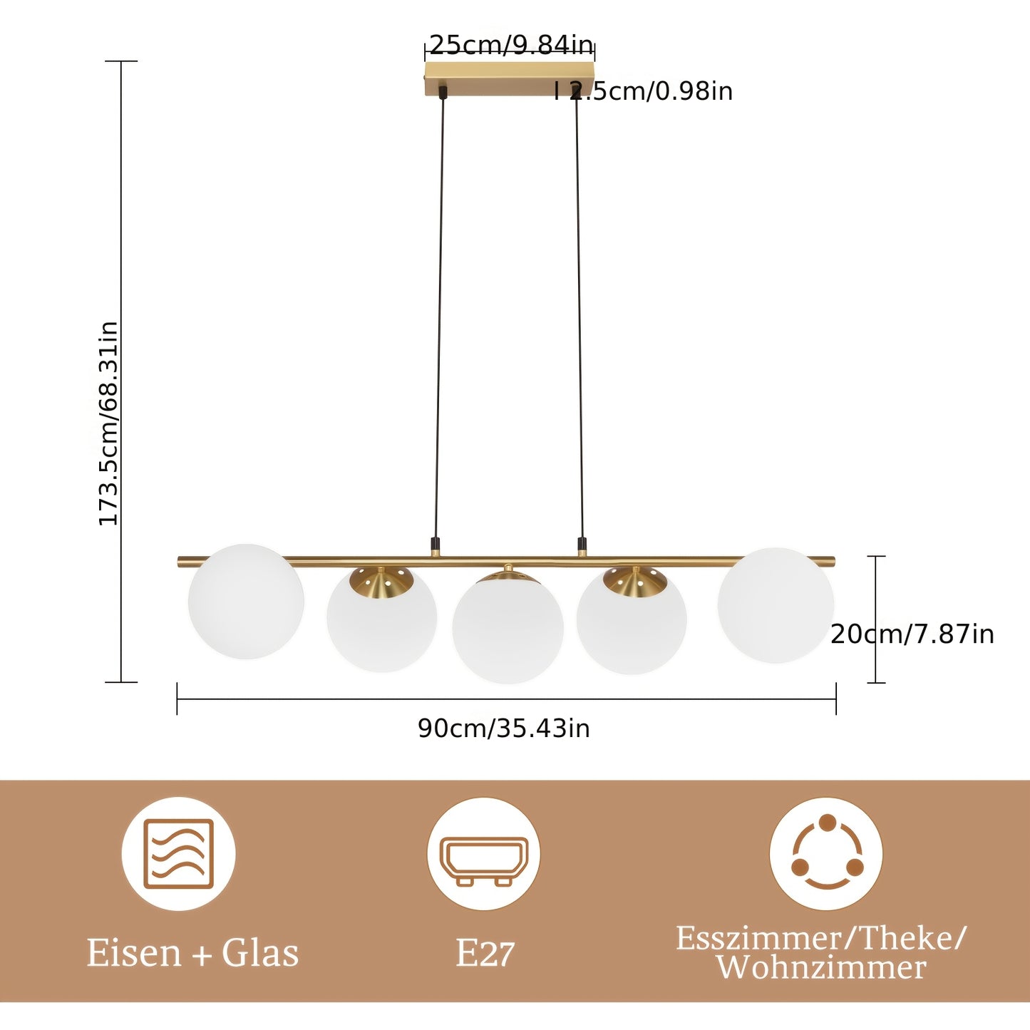 Hanglamp – Pendellamp – Plafondlamp – Glazen Lamp – Eettafellamp – Goudkleurig – Verstelbare Hoogte Tot 150 cm – Melkglas Zachte Lichtverspreiding