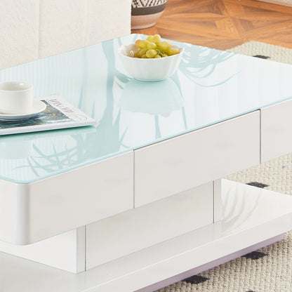 Salontafel – Koffietafel – Tafel – Woonkamertafel – Bijzettafel – Hoogglans Wit – 8 mm Gehard Glas – 2 Opberglades
