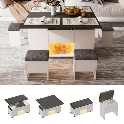 Eettafel – Uitschuifbare Tafel – Verhoogbare Salontafel – Verstelbare Werktafel – Tafeltje Met Krukken – Met Opbergruimte – Stevig Metalen Frame – Modern Grijs