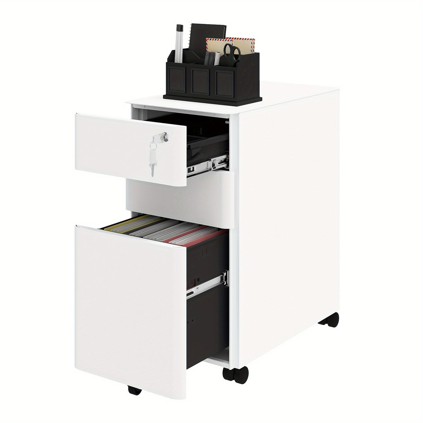 Witte Metalen Ladekast – Opbergkast – Archiefkast – Documentenlade – Bureaukast – Mobiel Met Wieltjes – Duurzaam Roestvrij Staal – 30x46x59 cm – Geschikt Voor A4 En Legal Dokumenten – Gebruiksklaar Geassembleerd