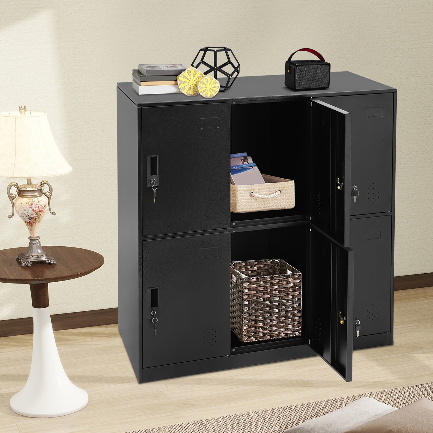 6-Door Heavy-Duty Lockable Metal Storage Cabinet with Card-Slot Locking System, Black Modern Floor-Standing Design - 109.98cmH x 50.04cmW x 40.01cmD, 6-Sided Security Safe Cabinet for Home Office, School, Business - Easy Asse