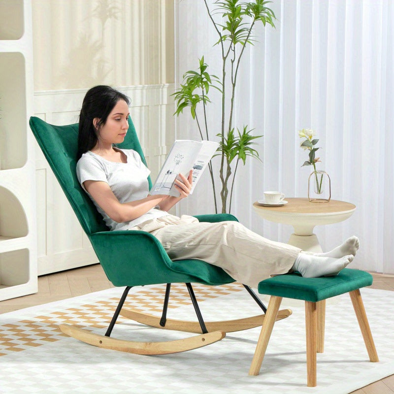 Schommelstoel – Relaxstoel – Schommelstoel Met Voetenbank – Lounge Stoel – Fauteuil – Groen – Fluwelen Bekleding – Houten Poten