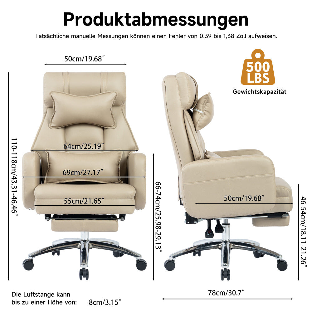 Bureaustoel – Ergonomische Stoel – Office Chair – Draaistoel – Kantoorstoel – Hoge Rugleuning – Lendensteun & Hoofdsteun – 360° Draaibaar – Technisch Leer Beige