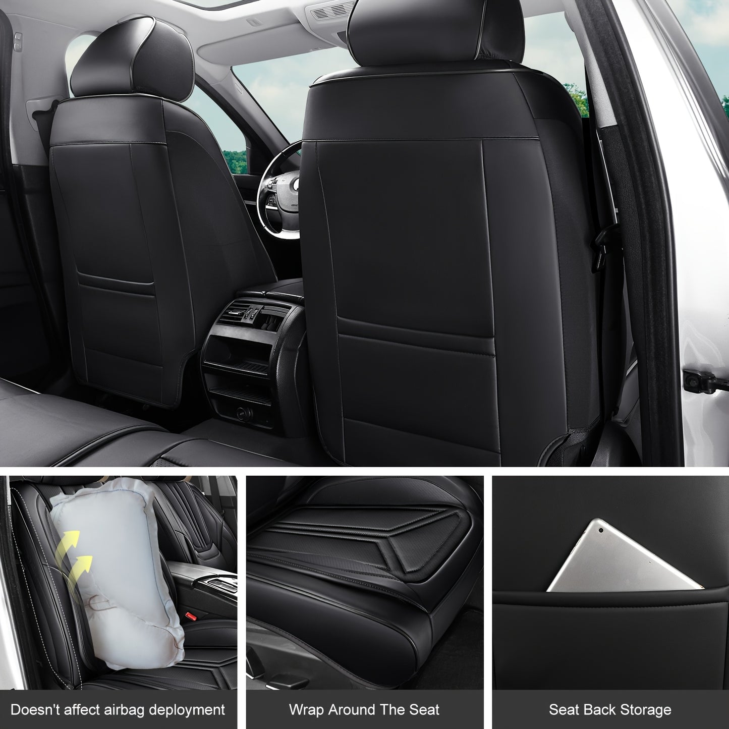 Stoelbekleding Auto Universeel – Autostoelhoes – Stoelhoezen – Auto Interieur Bescherming – PU Leer Zwart – 5-Zits Set – Comfortabele Sponsvulling – Geschikt Voor Alle Seizoenen