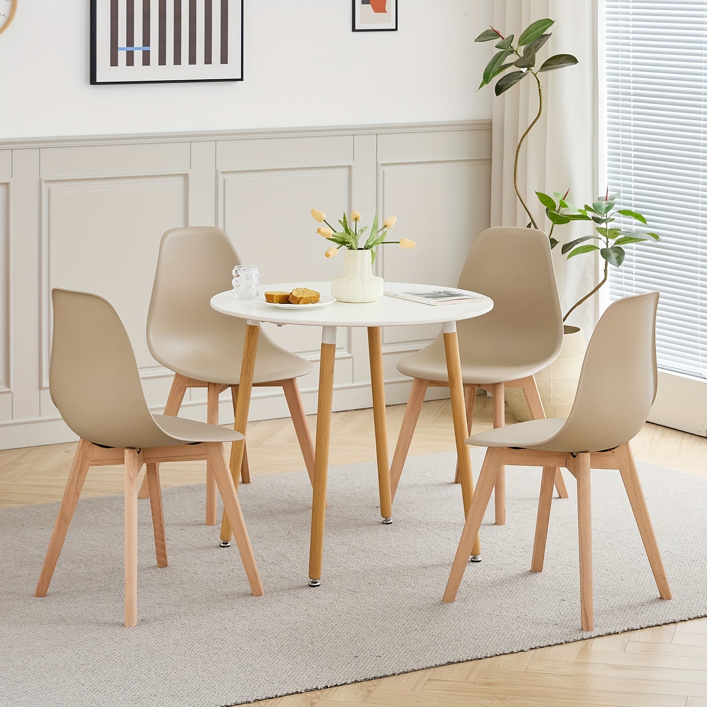 Eetkamer Set – Tafel Met Stoelen – Eettafel Set – Eetkamerset Compact – Scandinavisch Design – MDF & Beukenhout Tafelblad – Vier Kleuren Stoelen Khaki