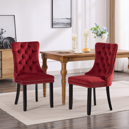 Classic Velvet Dining Chair, High-End Tufted Solid Wood Contemporary Velvet Cushioned Wooden Leg Nail Head Dining Chair, Set of 2, Wine Red Color, Dining Room Table And Chair Set, Dining Chair Set Of, Dining Room Chair, Dinin