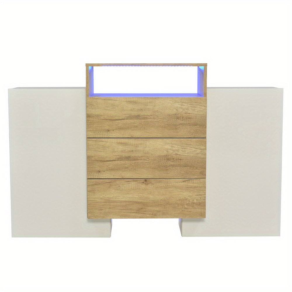 Dressoir – Sideboard – Opbergkast – Ladekast – Buffetkast – Hoogglans Wit Met Houten Accent – Compact 140 cm Hoog