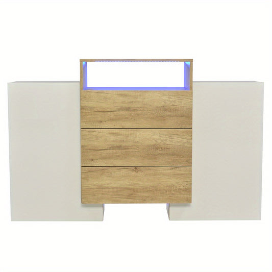 Dressoir – Sideboard – Opbergkast – Ladekast – Buffetkast – Hoogglans Wit Met Houten Accent – Compact 140 cm Hoog