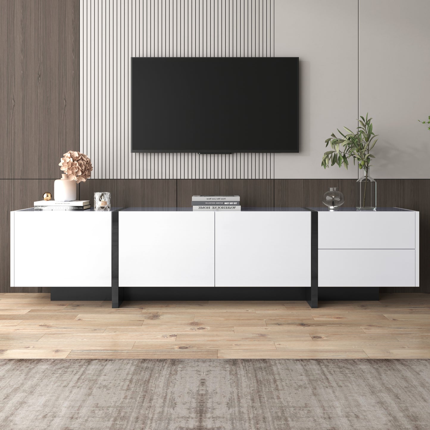 Tv-meubel – Tv-kast – Lowboard – Dressoir – Meubel – Hoogglans Wit Met Mat Zwarte Poot – 190 cm Breed Met 3 Deuren En 2 Lades
