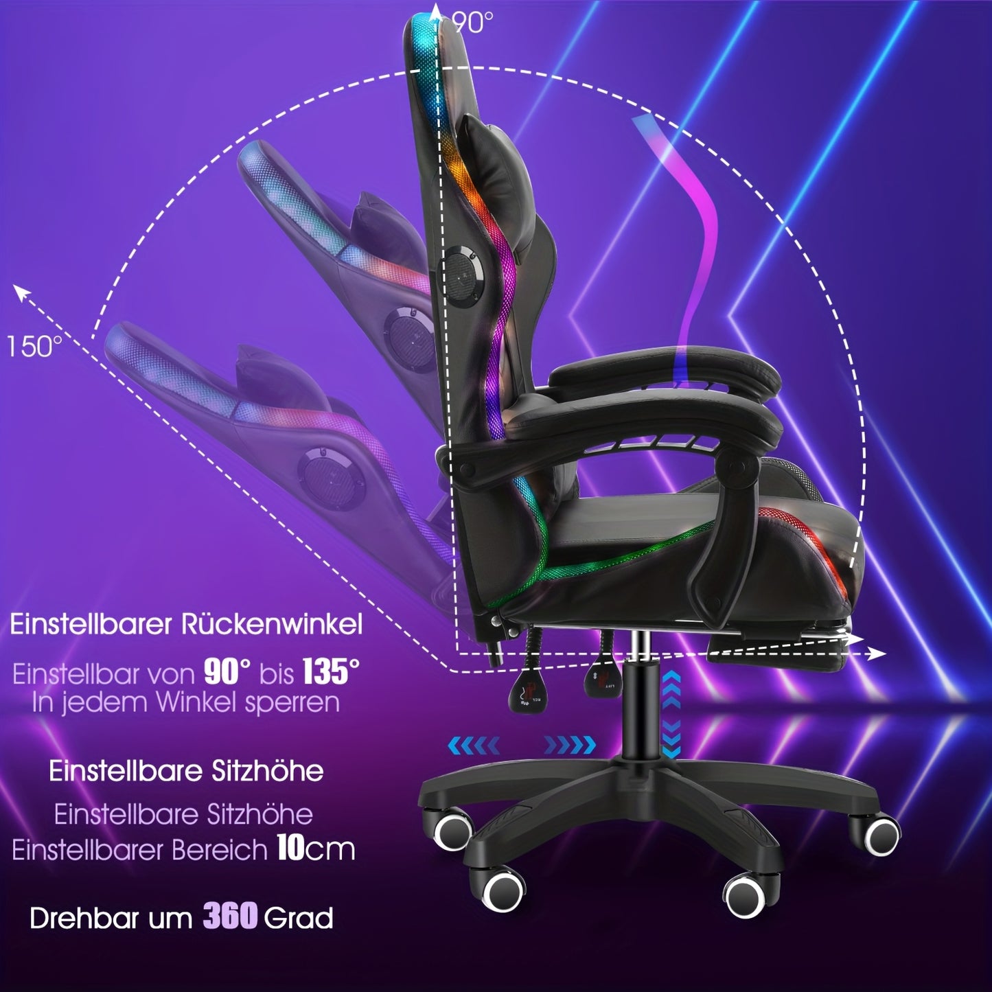 Black RGB Gaming Chair with Linkage Armrests, Foldable Base, Adjustable Height, Reclining Backrest, Footrest Support, Wooden Board Frame & Shaped Foam Cushion, Durable Nylon Base
