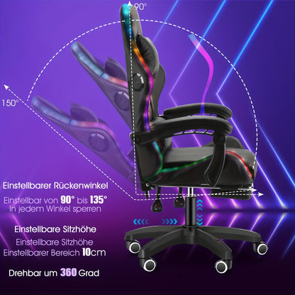 Black RGB Gaming Chair with Linkage Armrests, Foldable Base, Adjustable Height, Reclining Backrest, Footrest Support, Wooden Board Frame & Shaped Foam Cushion, Durable Nylon Base