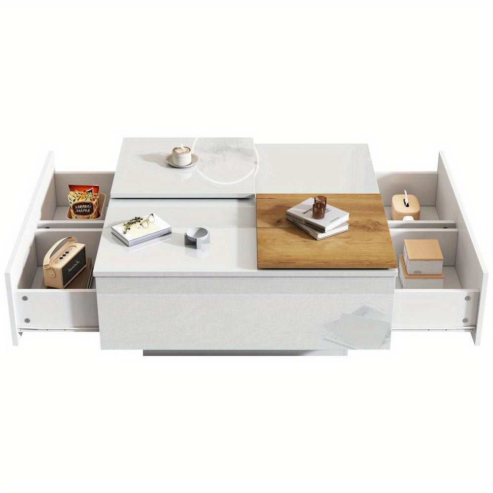 Salontafel – Koffietafel – Tafel – Tafeltje – Bijzettafel – Hoogglans Wit – Met Opbergruimte – Verplaatsbaar Tafelblad – Compact 75x75x33,5 cm