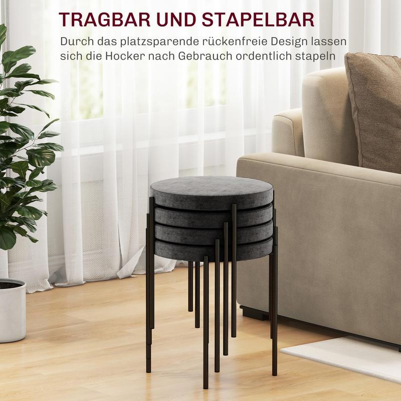 Küchenhocker 4-Er Set, Stapelbar, Samtoptik, Bis 100Kg, Stahlrahmen, 41.5 X 41.5 X 46 Cm, Dunkelgrau, Freizeitstuhl, Bequeme Wohnzimmermöbel, Multifunktionaler Sitz, Geeignet Für Wohnzimmer, Schlafzimmer, Esszimmer, Flur,