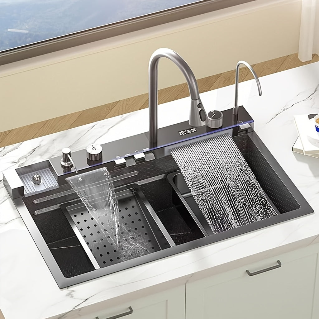 Spoelbakset – Keukenset – Spoelbak – Inbouwspoelbak – Keukenspoelbak – Digitale Watervalkraan – Rechte Afvoer – RVS 75x45 cm Gunmetal Grijs