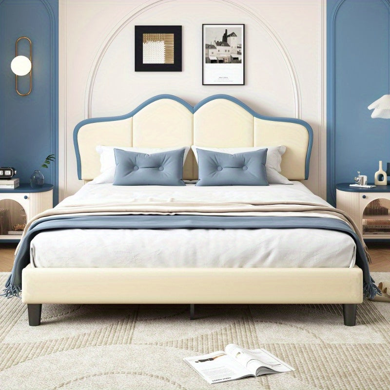 Bedframe – Bedombouw – Bedbodem – Ledikant – Slaapbank – Gevoerd Frame – Veiligheidsranden – 140x200 cm – PU Kunstleer – Wit Blauw