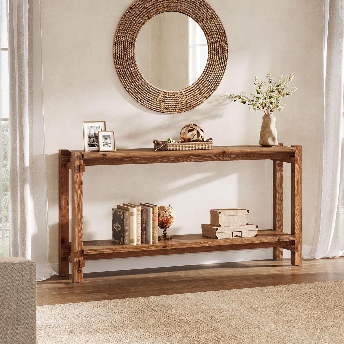 Console table, 160cm long, 2-tier entryway table, coffee table with storage, farmhouse wood back coffee table for living room, hallway (brown)