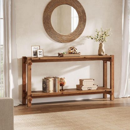 Console table, 160cm long, 2-tier entryway table, coffee table with storage, farmhouse wood back coffee table for living room, hallway (brown)