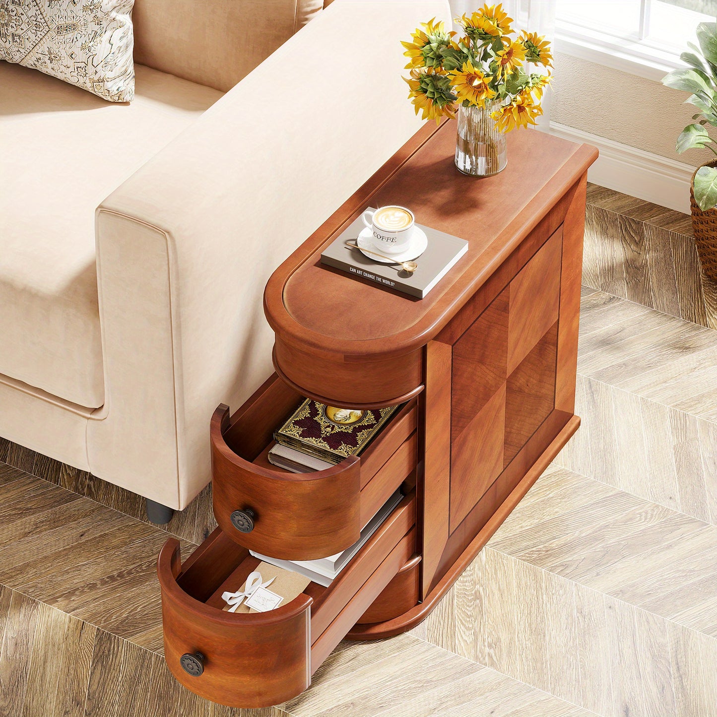 Houten Sidetable – Bedtafel – Nachtkastje – Smalle Bijzettafel – Opbergtafel – Massief Hout – Geen Montage Nodig – Met Lade – Multifunctioneel