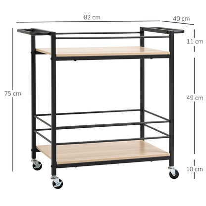 Keukenwagen – Serveerwagen – Trolley – Opbergwagen – Keukentrolley – Houten Planken & Stalen Frame – Verrijdbaar Met Railing 82x40x75 cm