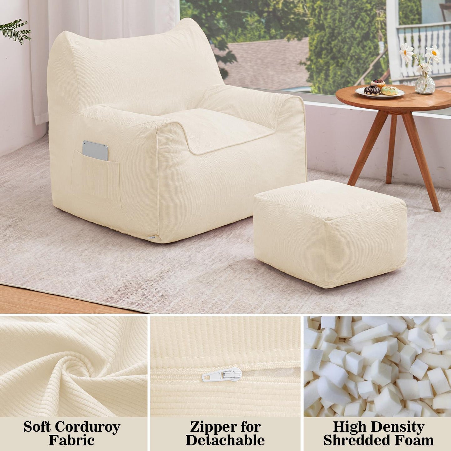 Zitzak – Zitzakstoel – Loungestoel – Beanbag – Fauteuil – Met Voetenbank – Memory Foam Vulling – Corduroy Stof – Ergonomisch Ontwerp – Wasbare Afritsbare Hoes
