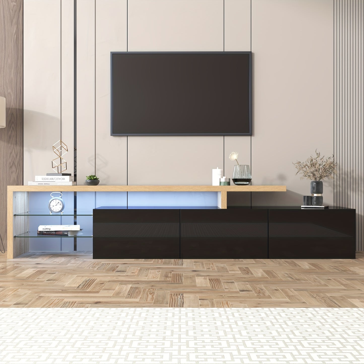 TV-meubel – TV-kast – Entertainmentmeubel – Woonkamermeubel – TV-standaard – Hoogglans zwart – MDF houtlook – Glazen legplanken – Ruime opbergruimte – Eenvoudig te monteren