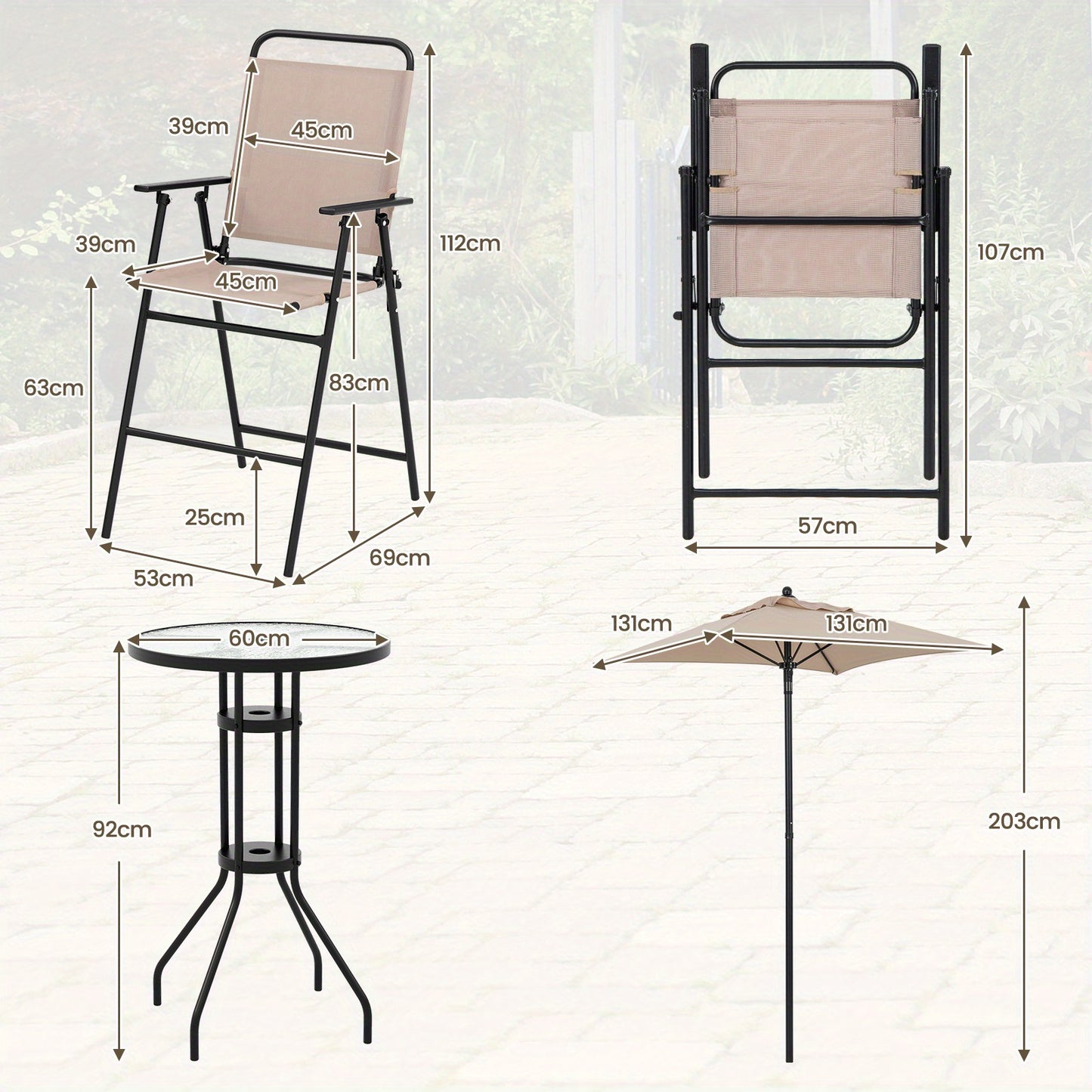 Bistrotafel Balkonset – Balkonmeubels Tuinset – Zitgroep Parasolset – Inklapbare Stoelen – Beige Kleur – Geharde Glas Tafel – Ruimtebesparend & Stevig Frame
