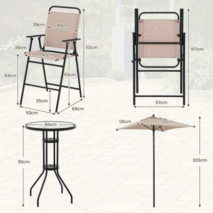 Bistrotafel Balkonset – Balkonmeubels Tuinset – Zitgroep Parasolset – Inklapbare Stoelen – Beige Kleur – Geharde Glas Tafel – Ruimtebesparend & Stevig Frame