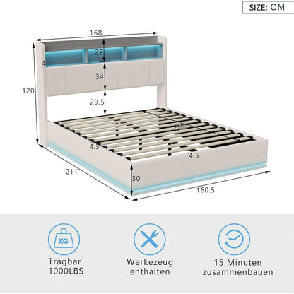 Tweepersoonsbed – Stalen Bedframe – Opbergbed – Fluwelen Bed – Led Verlichting Bed – 160x200 cm – Ingebouwde USB Poort – Opbergruimte Onder Bed