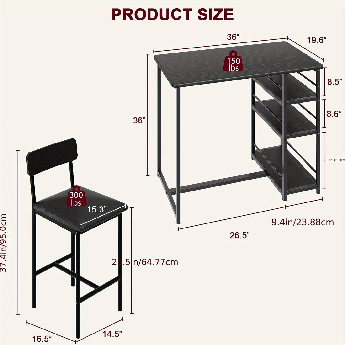 Eettafelset – Bar Tafelset – Keukentafel – Bistro Set – Stoelenset – Compact Ruimtebesparend Ontwerp – Met 3 Opbergruimtes – Matzwarte Metalen Frame