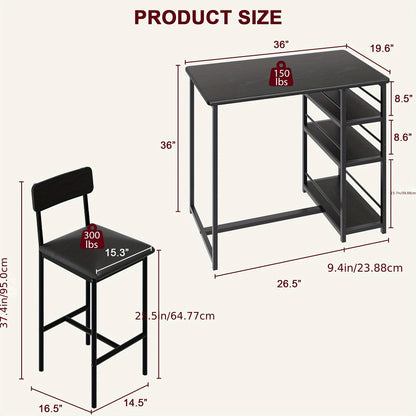 Eettafelset – Bar Tafelset – Keukentafel – Bistro Set – Stoelenset – Compact Ruimtebesparend Ontwerp – Met 3 Opbergruimtes – Matzwarte Metalen Frame
