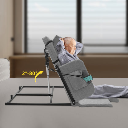 Comfortable Gray Adjustable Bed Backrest with Fixed Armrests, Headrest & Short Pad - -Linen Cushion, for Elderly/ Mobility Support