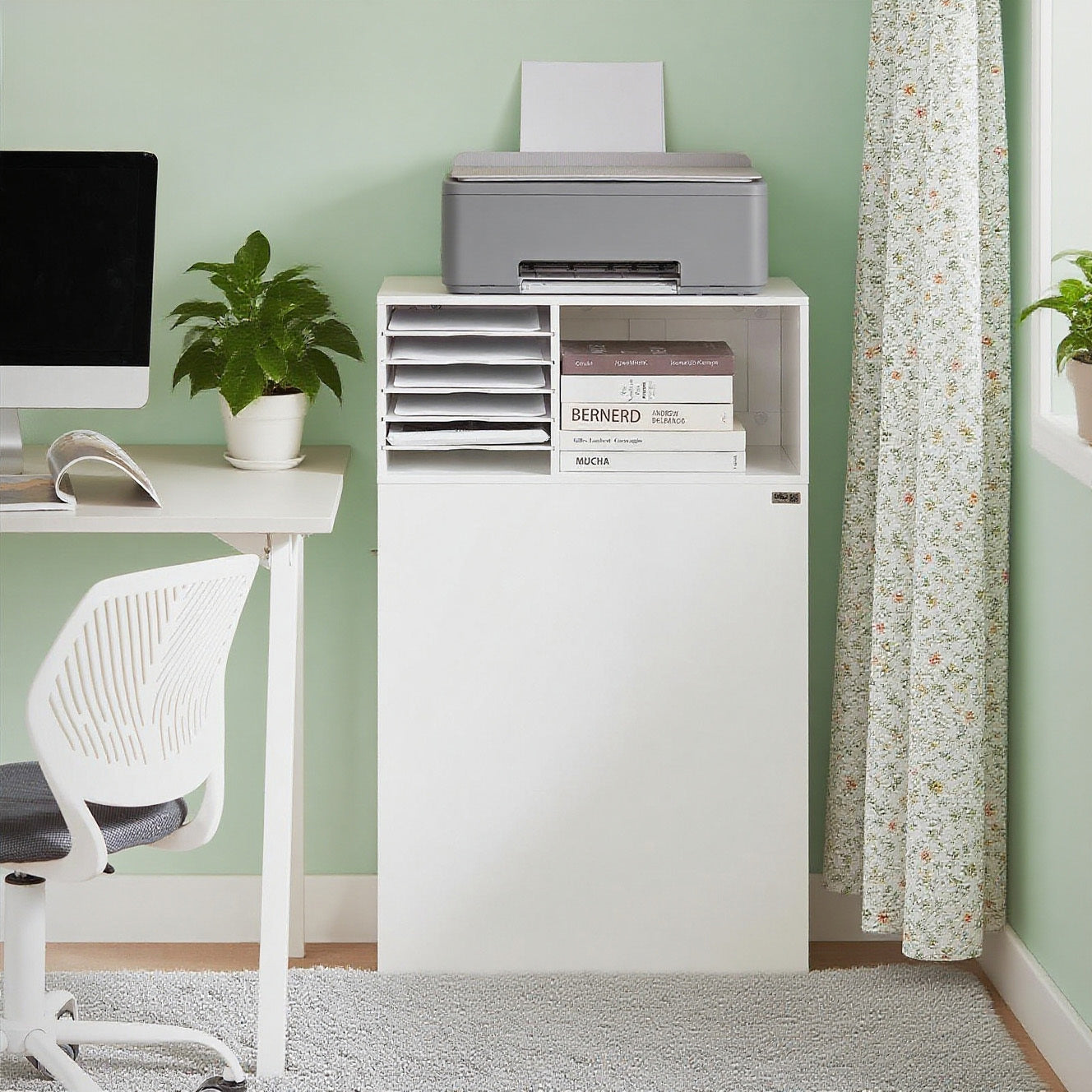 Printerstandaard – Rollende Printerkast – Bureau Organizer – Opbergkast – Mobiele Printertafel – Compact 60x33x100 cm – MDF Wit