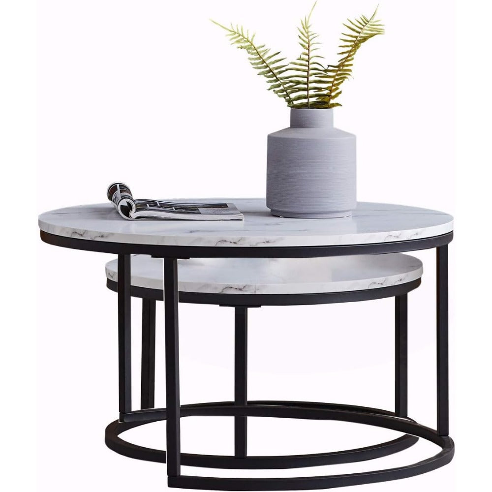 Bijzettafel – Salontafel – Sidetable – Tafeltje – Stapelbare Tafels – Zwart Met Marmerlook – Ruimtebesparend En Lichtgewicht