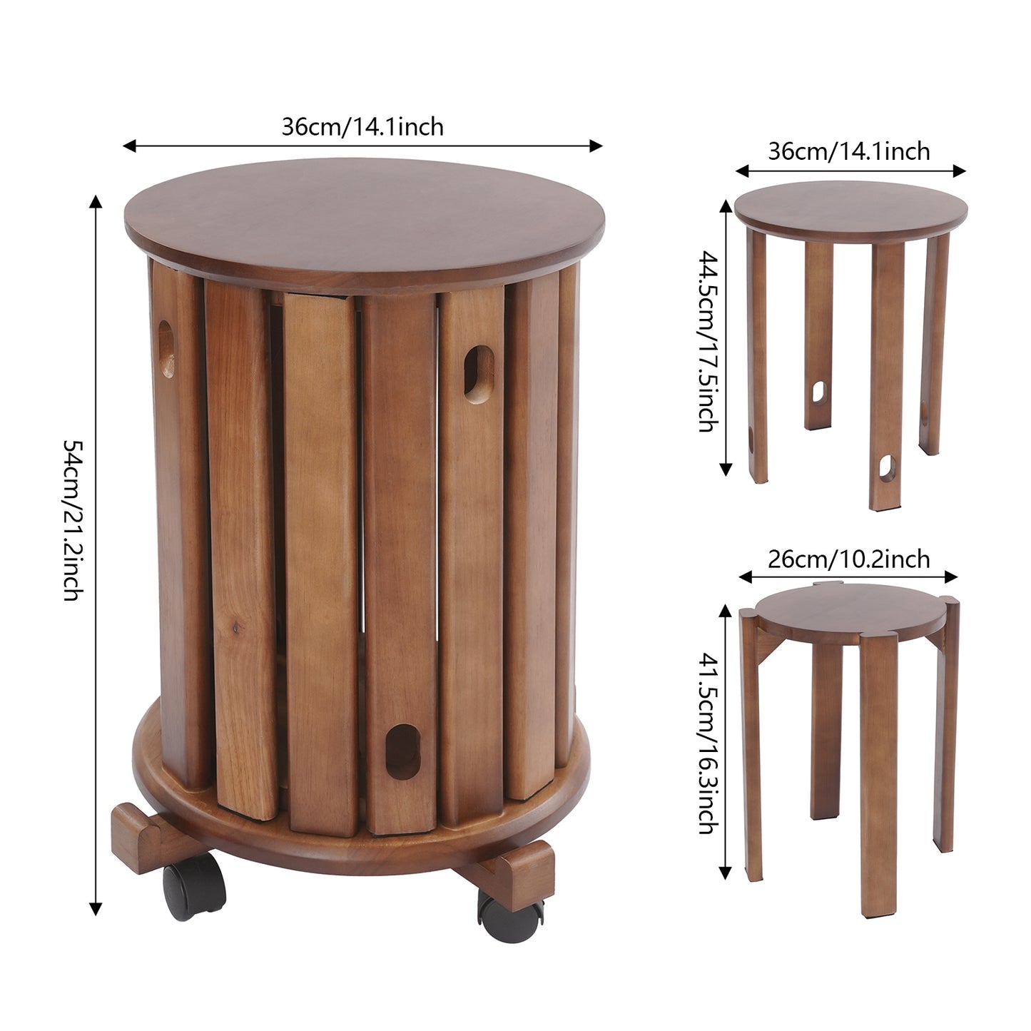 StapKrukken – Houten Kruk Set – Ronde Zitkrukken – Barkrukken – Bijzetkruk – Stapelbaar Ontwerp – Met Wieltjes en Remmen – Massief Rubberhout – Compact en Flexibel
