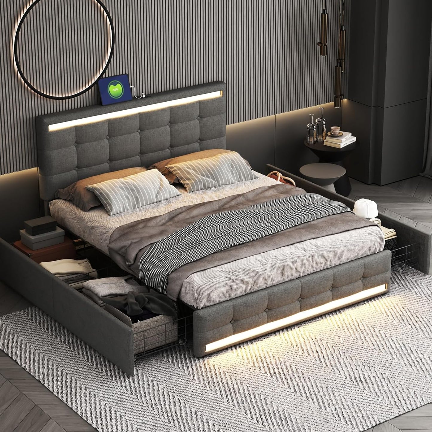 Tweepersoonsbed 140x200 – Gestoffeerd Bed – Led-Bed – Opbergbed – Bed Met Lattenbodem – Linnenstof – 2 Usb-Laadpoorten – 4 Ruime Lades