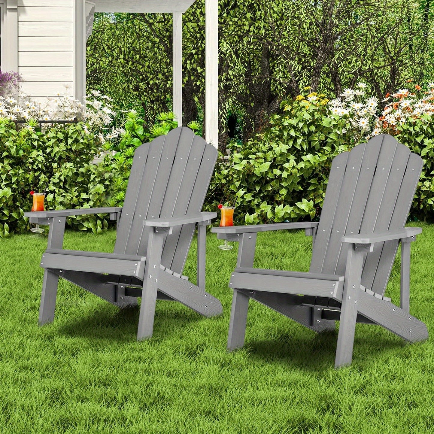 Adirondackstoel – Tuinstoel – Buitenstoel – Klapstoel – Terrasstoel – Weerbestendig HIPS Materiaal – Stevige 304 RVS Constructie – Brede Zitting Met Bekerhouder – Ergonomische Rugleuning 105° – Grijs Houtnerf Design
