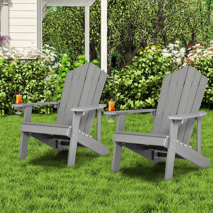 Adirondackstoel – Tuinstoel – Buitenstoel – Klapstoel – Terrasstoel – Weerbestendig HIPS Materiaal – Stevige 304 RVS Constructie – Brede Zitting Met Bekerhouder – Ergonomische Rugleuning 105° – Grijs Houtnerf Design