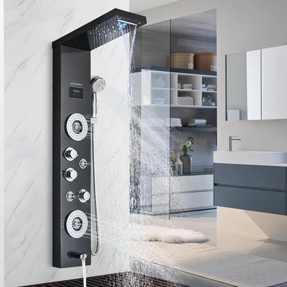 Doucheset – Douchepaneel – Regendouche – Watervaldouche – Handdouche – 6-in-1 Functioneel – RVS Matzwart Met LCD Temperatuurdisplay