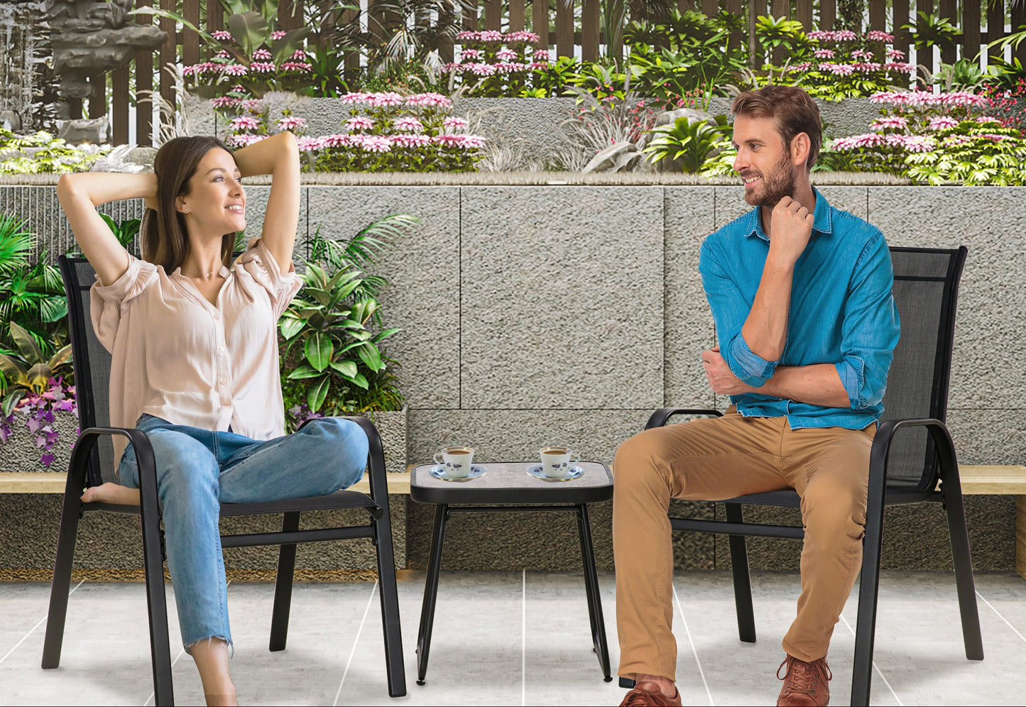 3-delige Tuinset – Tuinmeubelset – Balkonset – Loungeset – Terrasmeubel – Stapelbare Stoelen – Weerbestendig Stalen Frame – Vierkante Koffietafel