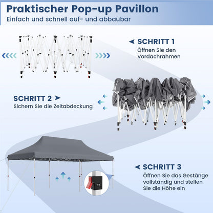 Vouwpaviljoen – Partytent – Tuinpaviljoen – Tent – Overkapping – Waterbestendig – UV Bescherming SPF50+ – Hoogte Verstelbaar – Grijs – 3x6m