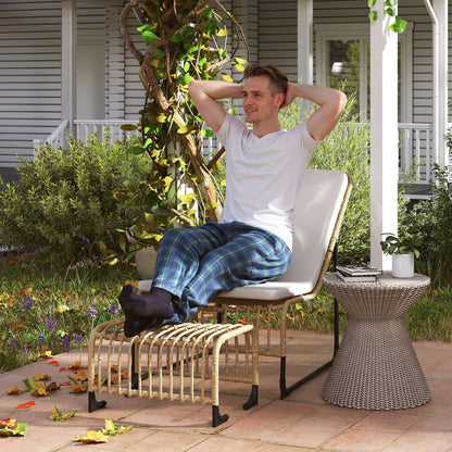 Rotan Loungestoel – Rieten Fauteuil – Tuinstoel – Relaxstoel – Balkonstoel – Weerbestendig Kunststof Rattan – Inclusief Voetenbank en Kussen met Fixatiebanden 65x93x80 cm