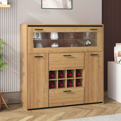 Dressoir – Opbergkast – Buffetkast – Ladekast – Kast – Rustiek Design – Dubbele Deuren & Wijnrek – 110x111x38 cm Natuurlijk
