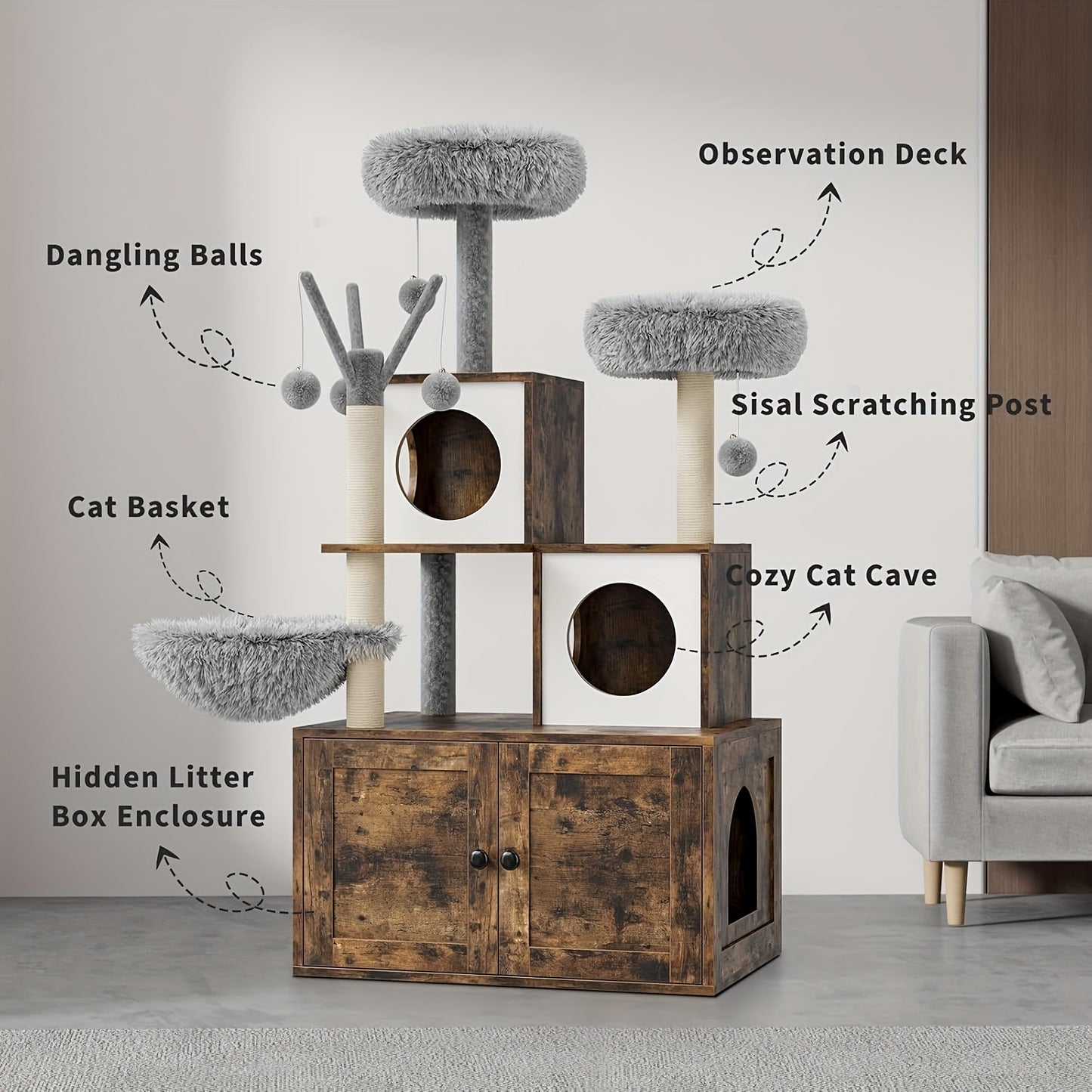 3-in-1 Kattenhuis – Kattenkrabpaal – Kattenboom – Kattenhuisje – Kattenverblijf – Multifunctioneel Design – Sisal Krabpalen & Verwijderbare Pompons – Houtkleurige Plush Afwerking – Voor Kleine en Middelgrote Katten