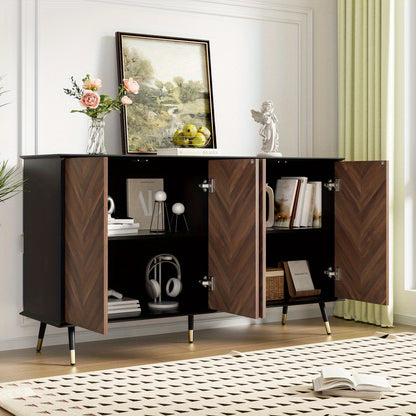 Dressoir – Opbergkast – Kast – Ladekast – Wandkast – Modern Design – Verstelbare Planken – Metalen Poot – Bruin Visgraat – Ruimtebesparend – Duurzaam