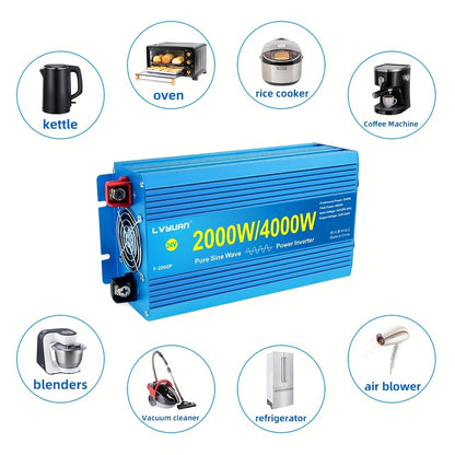 Pure Sine Wave Omvormer – Stroomomzetter – Car Inverter – 12V DC naar 220V AC – Mobiele Spanningsomvormer – 4000W Continu Vermogen – LCD Display