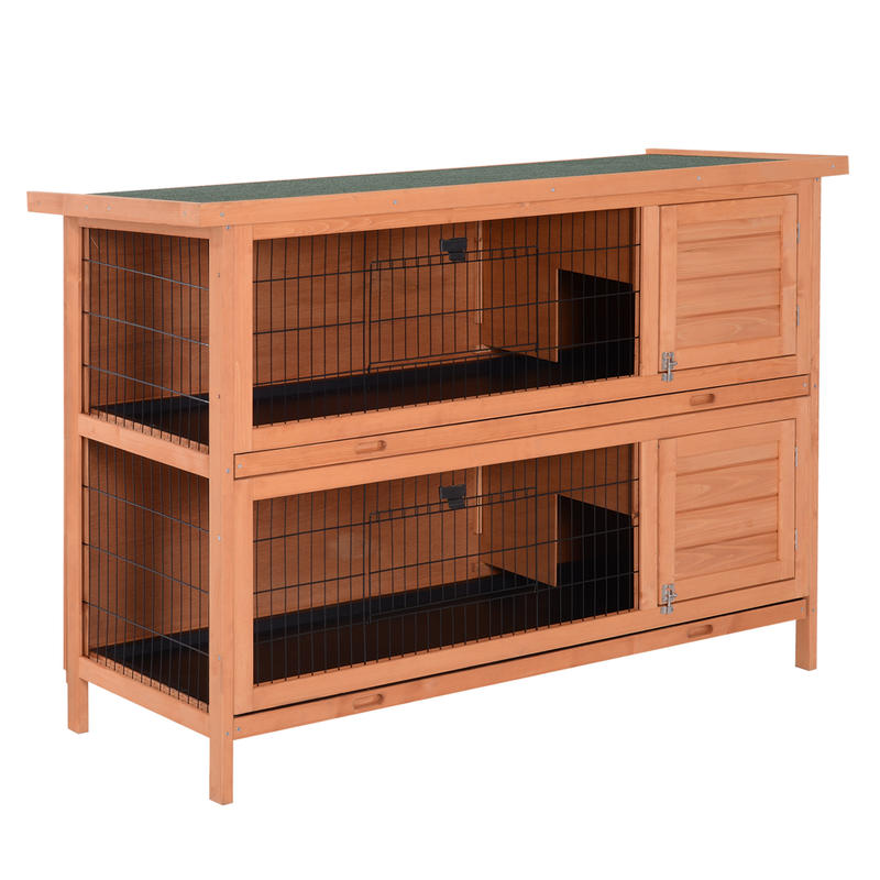 Double-Story Small Animal Hutch with Ramp & Removable Ramp Door - Sturdy Fir Wood Guinea Pig Cage, Rabbit House with Lower Storage Shelf, Spacious Two-Level Design, Easy-Clean Sliding Tray & Ventilation Mesh - 53.5"x19.7"x36.