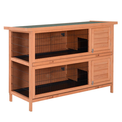Double-Story Small Animal Hutch with Ramp & Removable Ramp Door - Sturdy Fir Wood Guinea Pig Cage, Rabbit House with Lower Storage Shelf, Spacious Two-Level Design, Easy-Clean Sliding Tray & Ventilation Mesh - 53.5"x19.7"x36.