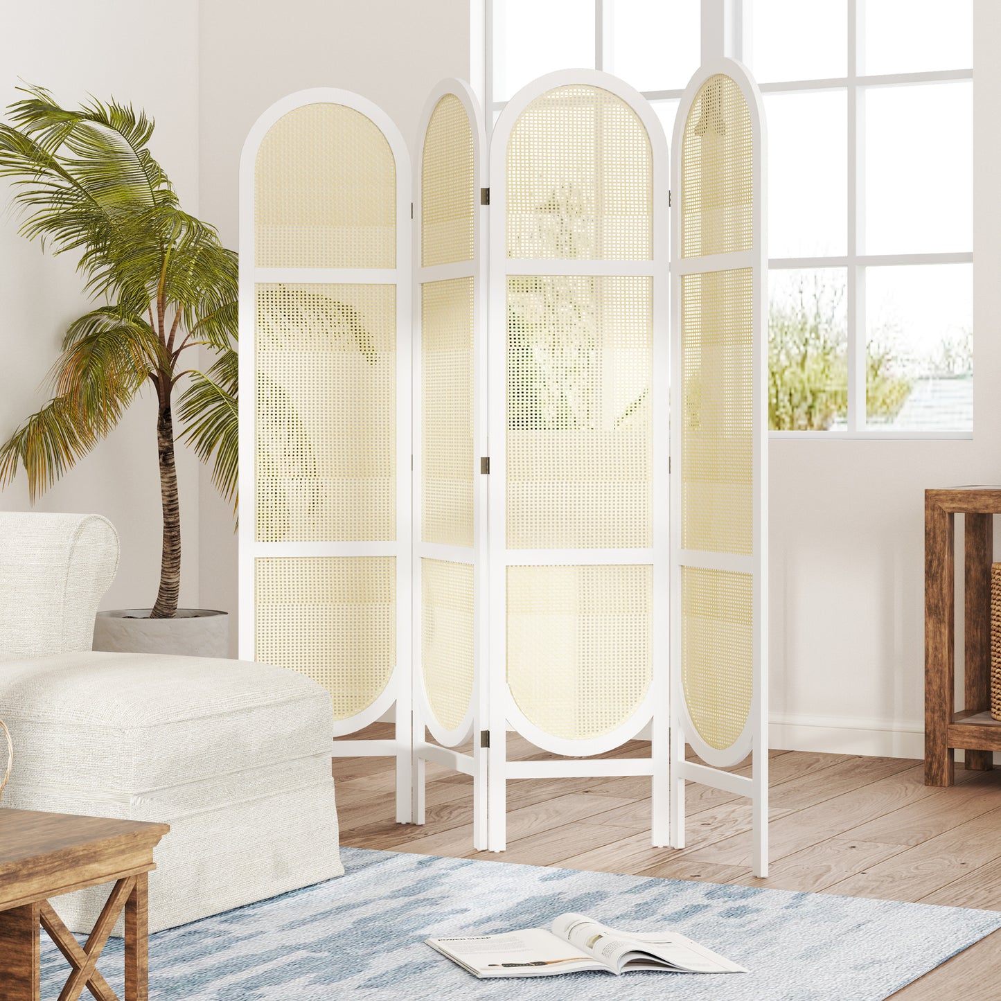 Kamerscherm – Room Divider – Scheidingswand – Vouwscherm – Privacy Scherm – Wit – 4 Panelen – Lichtgewicht Paulownia Hout & Kunstrotan